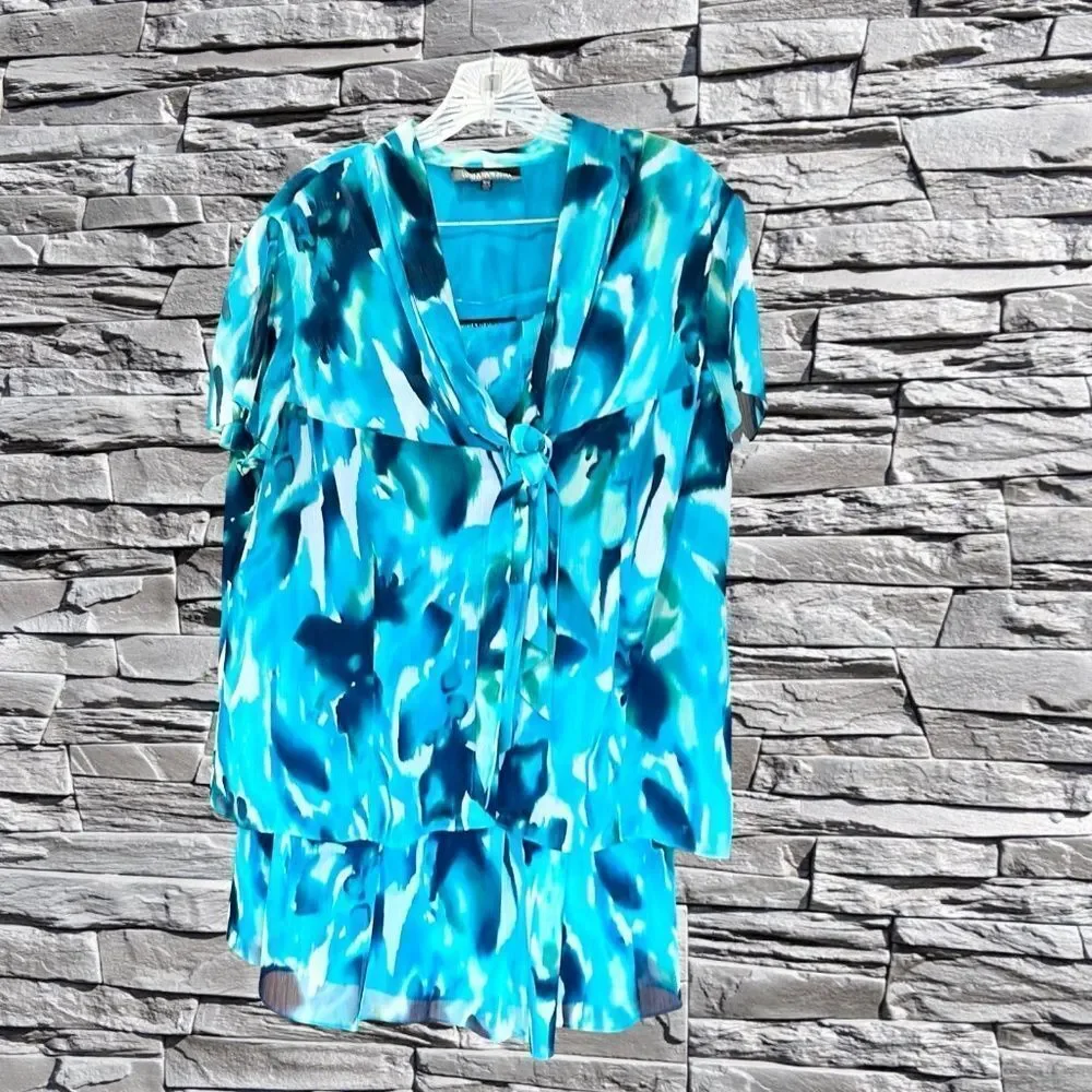 Jones New York Woman's Chiffon Blouse Lined Watercolors Blue/Green 16W